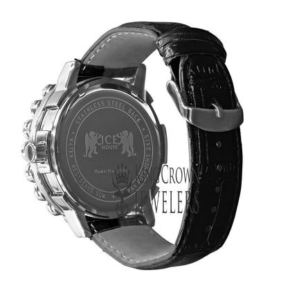 Micro Pave Cluster Custom Bezel Genuine Diamond Dial 5 ATM Water Resistant Solid Steel Back Men's Watch Analog Genuine Leather Band W/Date