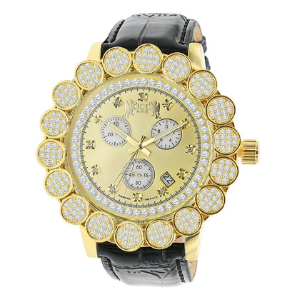 Genuine Diamond Dial Micro Pave Custom Bezel Joe Rodeo Mens Watch Analog Black Leather Band W/Date Water Resistance