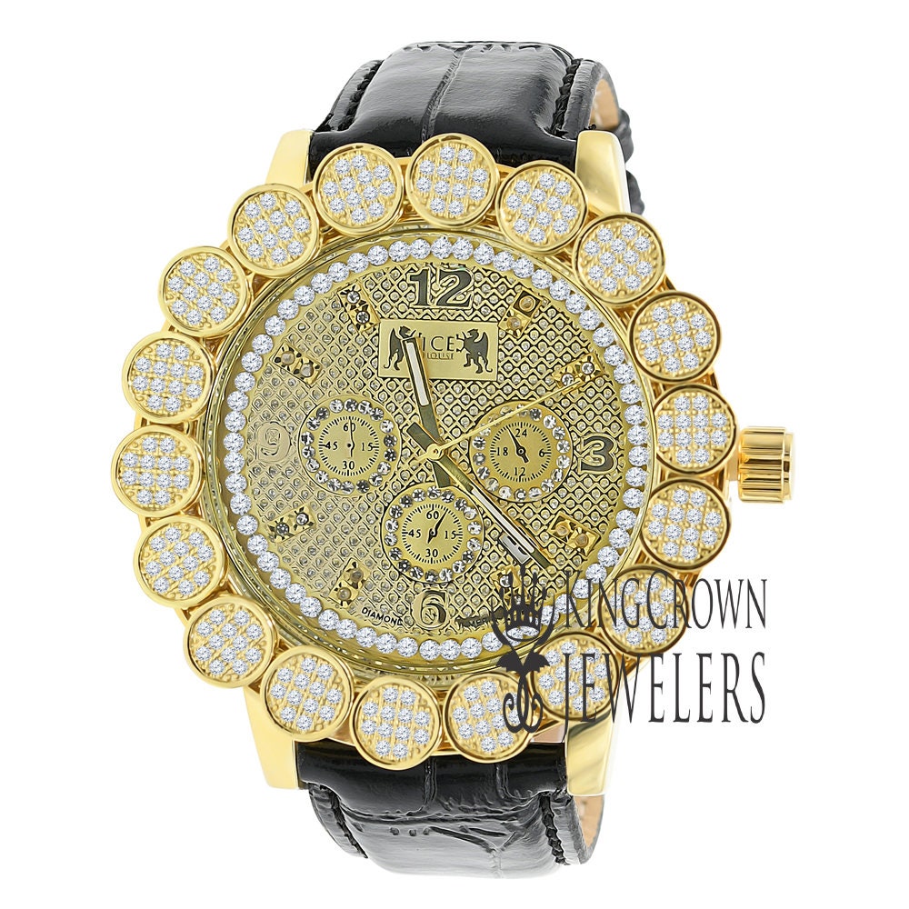 Mens Micro Pave Custom Bezel Real Diamond Dial Khronos Joe Rodeo Watch Analog Genuine Black Leather Band W/Date Water Resistance
