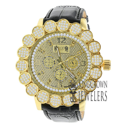 Mens Micro Pave Custom Bezel Real Diamond Dial Khronos Joe Rodeo Watch Analog Genuine Black Leather Band W/Date Water Resistance