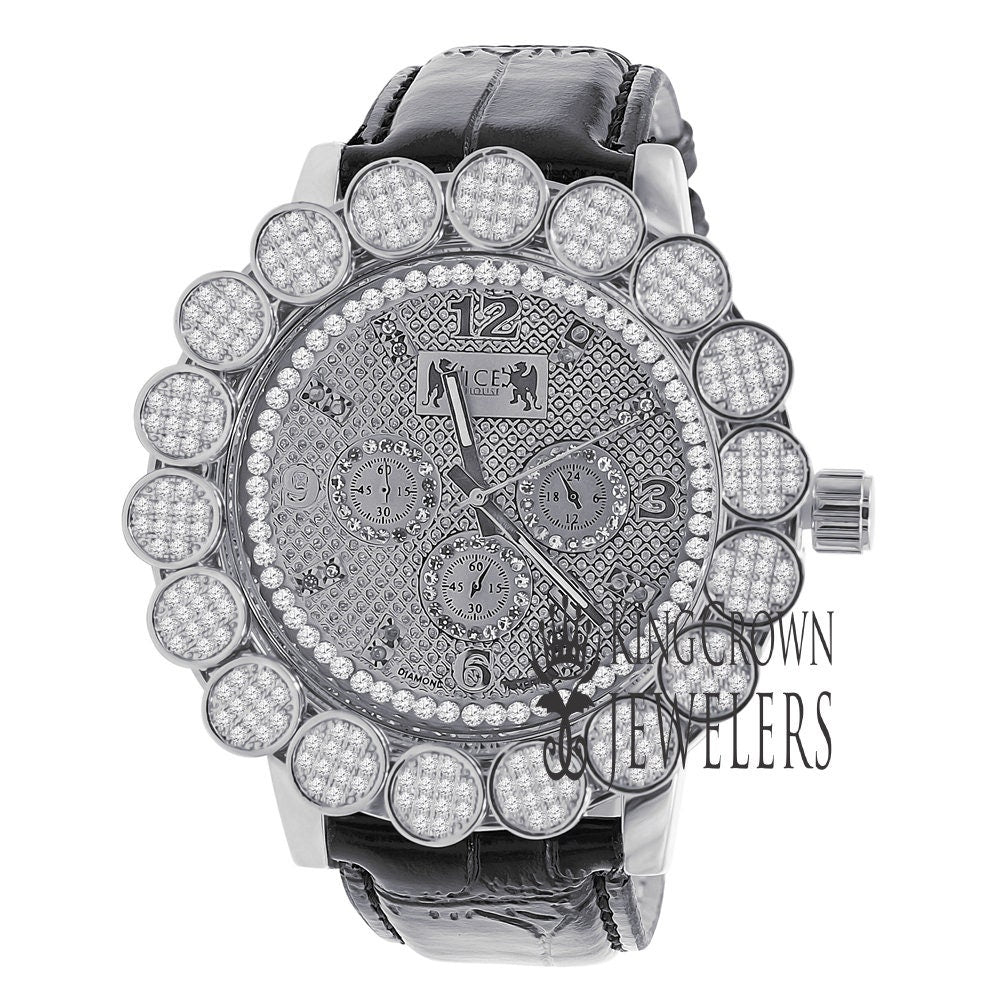 Mens Micro Pave Custom Bezel Real Diamond Dial Khronos Joe Rodeo Watch Analog Genuine Black Leather Band W/Date Water Resistance