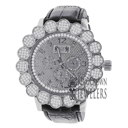 Mens Micro Pave Custom Bezel Real Diamond Dial Khronos Joe Rodeo Watch Analog Genuine Black Leather Band W/Date Water Resistance
