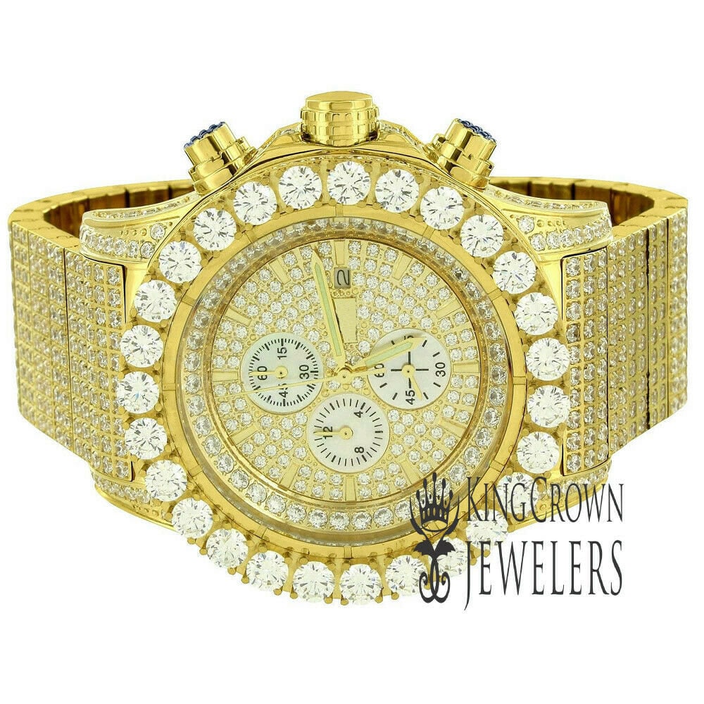 Mens Solid Stainless Steel 14K  Gold Finish Jojino Joe Rodeo Simulated Diamonds Watch 48mm