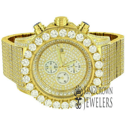 Mens Solid Stainless Steel 14K  Gold Finish Jojino Joe Rodeo Simulated Diamonds Watch 48mm