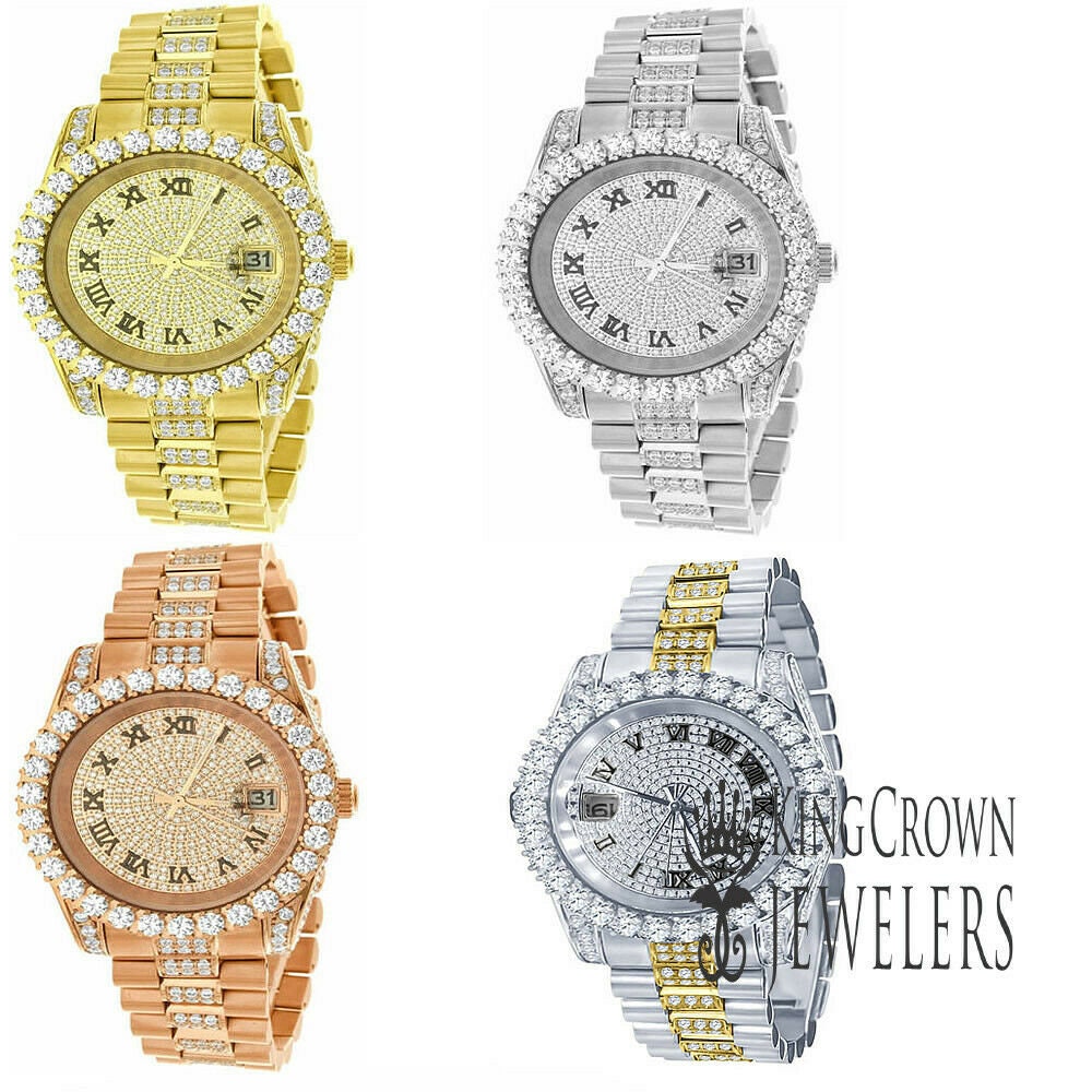 Mens Roman Number Dial Solid Stainless Steel Solitaire Simulated Diamond Presidential Link Watch 41mm