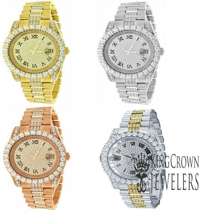 Mens Roman Number Dial Solid Stainless Steel Solitaire Simulated Diamond Presidential Link Watch 41mm