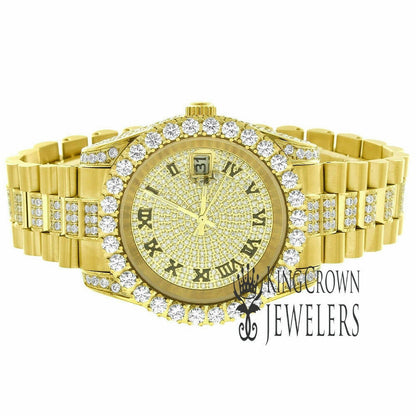Mens Roman Number Dial Solid Stainless Steel Solitaire Simulated Diamond Presidential Link Watch 41mm