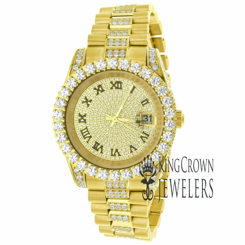 Mens Roman Number Dial Solid Stainless Steel Solitaire Simulated Diamond Presidential Link Watch 41mm