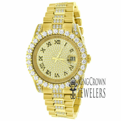 Mens Roman Number Dial Solid Stainless Steel Solitaire Simulated Diamond Presidential Link Watch 41mm