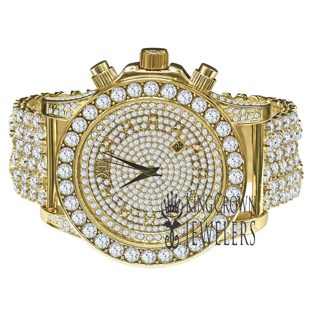 14K Yellow Gold Tone Simulated Diamond Solitaire Luxury Iced Bling Master Custom Band Watch W/Date Function
