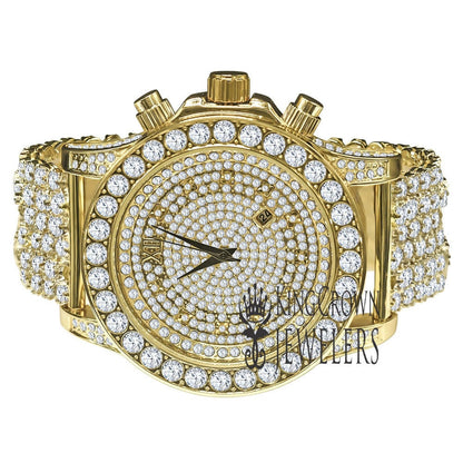 14K Yellow Gold Tone Simulated Diamond Solitaire Luxury Iced Bling Master Custom Band Watch W/Date Function