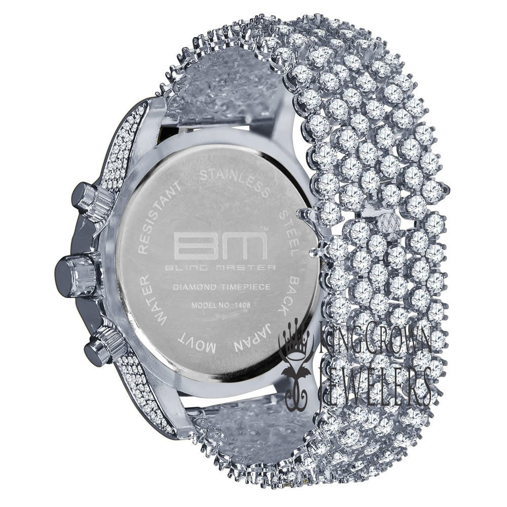 14K White Gold Tone Simulated Diamond Solitaire Luxury Iced Bling Master Custom Band Watch W/Date Function