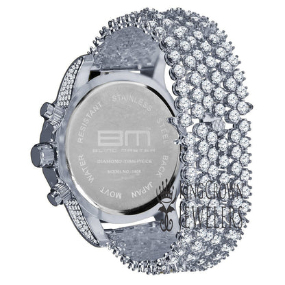 14K White Gold Tone Simulated Diamond Solitaire Luxury Iced Bling Master Custom Band Watch W/Date Function