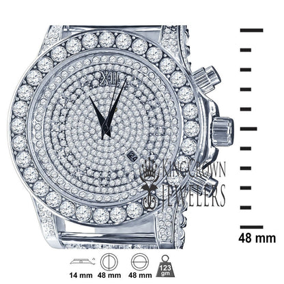 14K White Gold Tone Simulated Diamond Solitaire Luxury Iced Bling Master Custom Band Watch W/Date Function