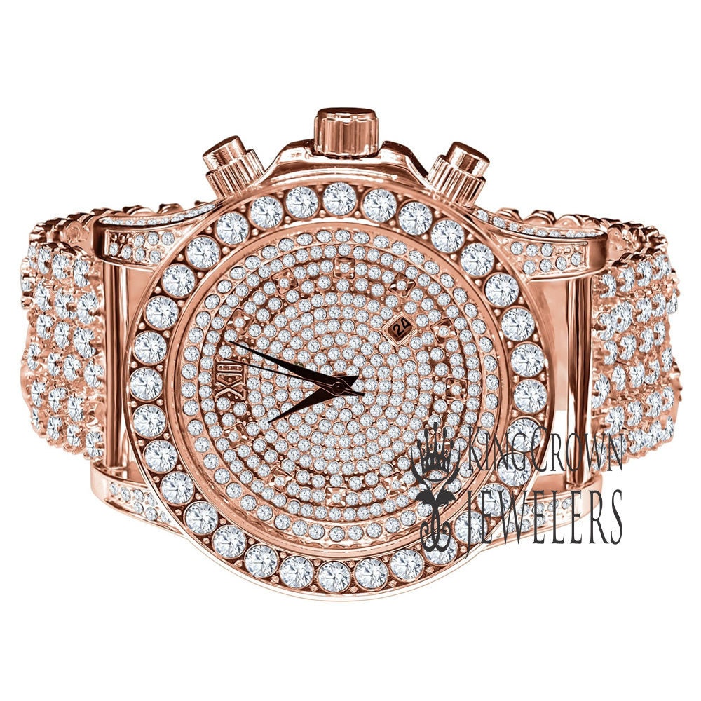 Full Iced Out 14K Rose Gold Finish Simulated Diamond Mens Custom Band Luxury Bling Master Watch w/Date Function