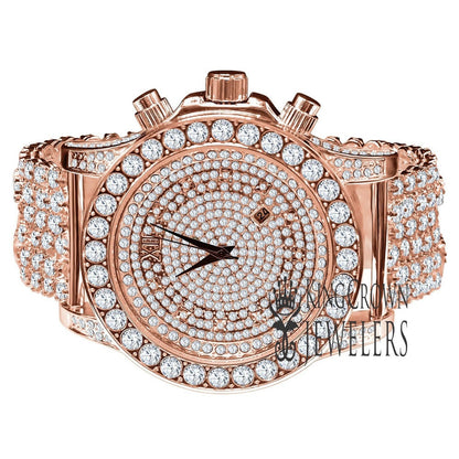 Full Iced Out 14K Rose Gold Finish Simulated Diamond Mens Custom Band Luxury Bling Master Watch w/Date Function