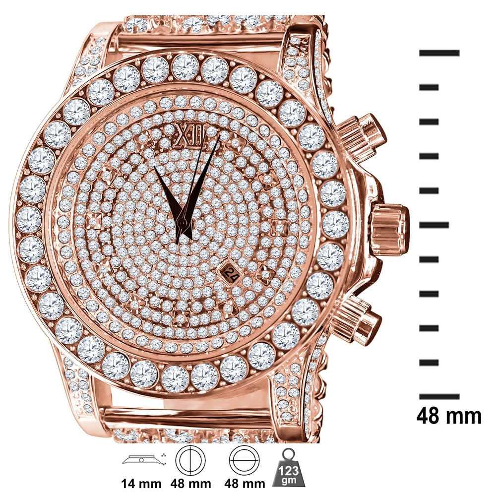 Full Iced Out 14K Rose Gold Finish Simulated Diamond Mens Custom Band Luxury Bling Master Watch w/Date Function