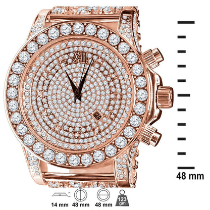 Full Iced Out 14K Rose Gold Finish Simulated Diamond Mens Custom Band Luxury Bling Master Watch w/Date Function