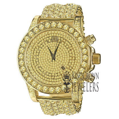 Yellow Canary Full Iced Out Gold Finish Simulated Diamond Mens Custom Band Luxury Bling Master Watch w/Date Function