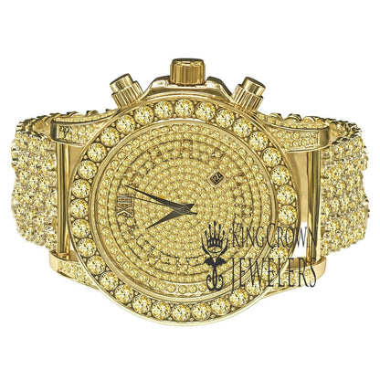 Yellow Canary Full Iced Out Gold Finish Simulated Diamond Mens Custom Band Luxury Bling Master Watch w/Date Function