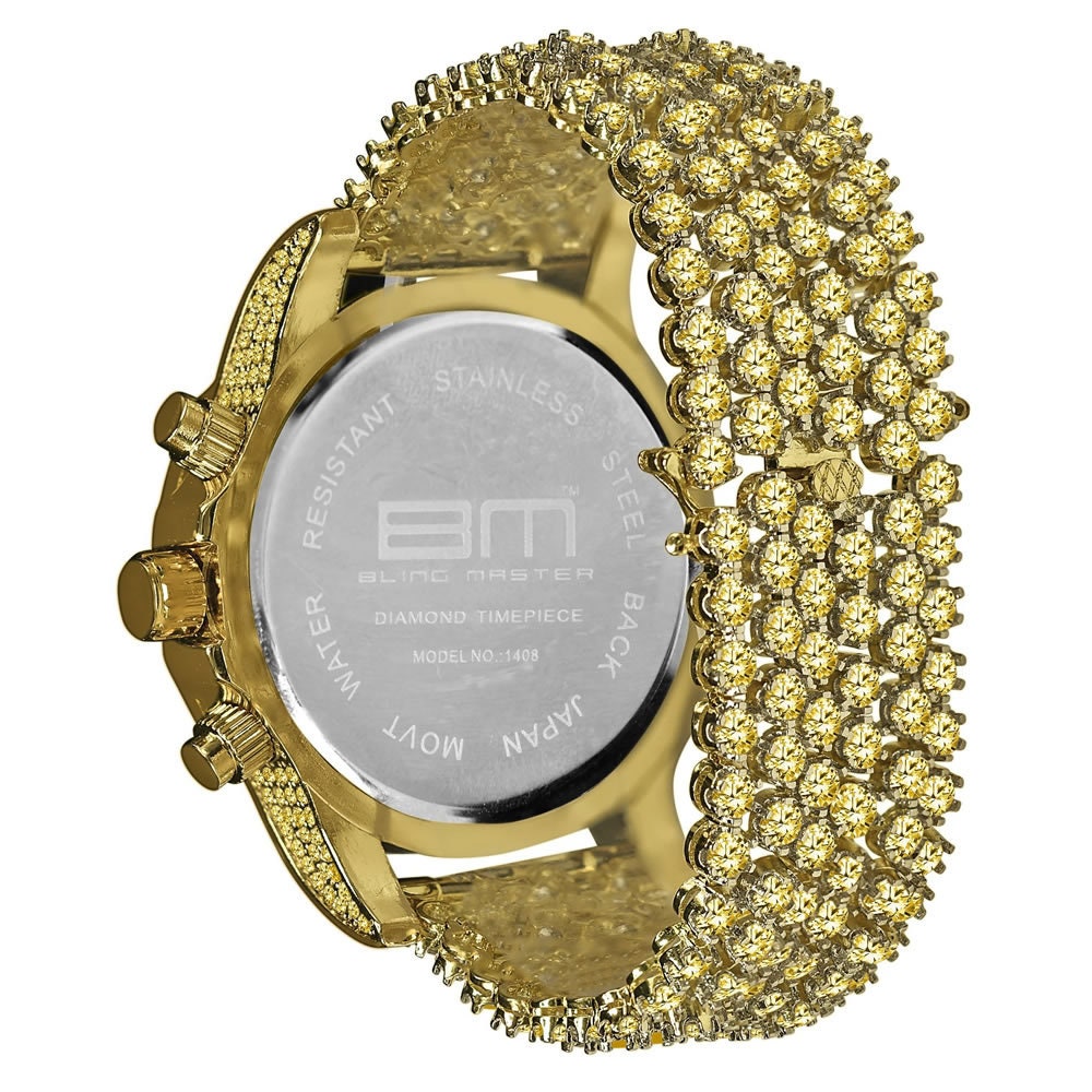 Yellow Canary Full Iced Out Gold Finish Simulated Diamond Mens Custom Band Luxury Bling Master Watch w/Date Function