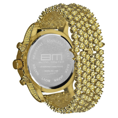 Yellow Canary Full Iced Out Gold Finish Simulated Diamond Mens Custom Band Luxury Bling Master Watch w/Date Function