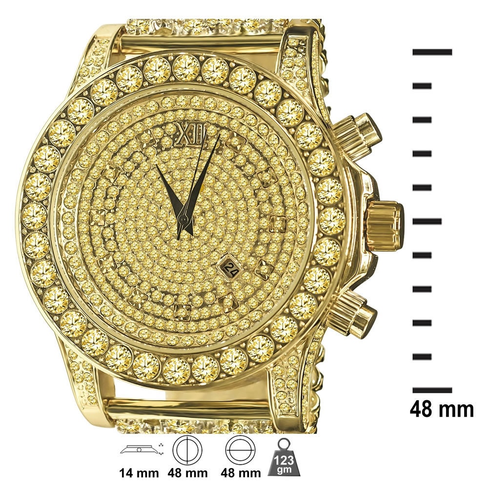 Yellow Canary Full Iced Out Gold Finish Simulated Diamond Mens Custom Band Luxury Bling Master Watch w/Date Function