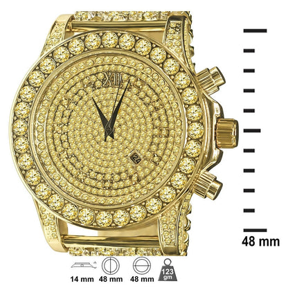 Yellow Canary Full Iced Out Gold Finish Simulated Diamond Mens Custom Band Luxury Bling Master Watch w/Date Function