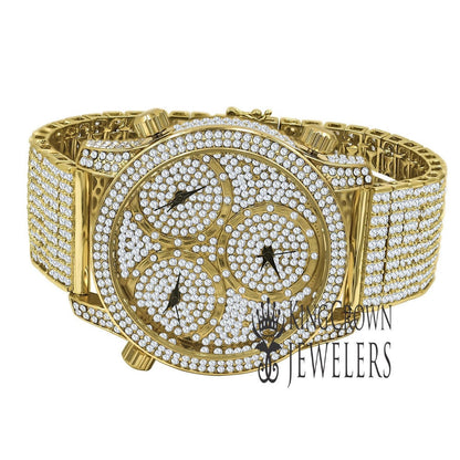 Mens Yellow Gold Tone Full Iced Out Watch Simulated Diamonds 3 Time Zone Dial 10 Row Custom Band