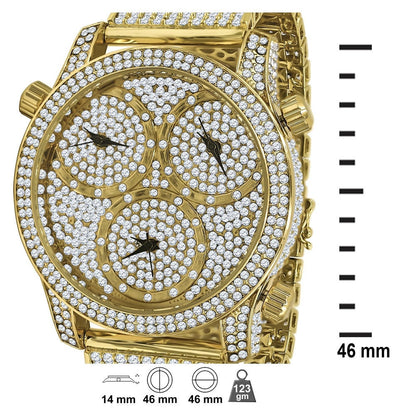 Mens Yellow Gold Tone Full Iced Out Watch Simulated Diamonds 3 Time Zone Dial 10 Row Custom Band