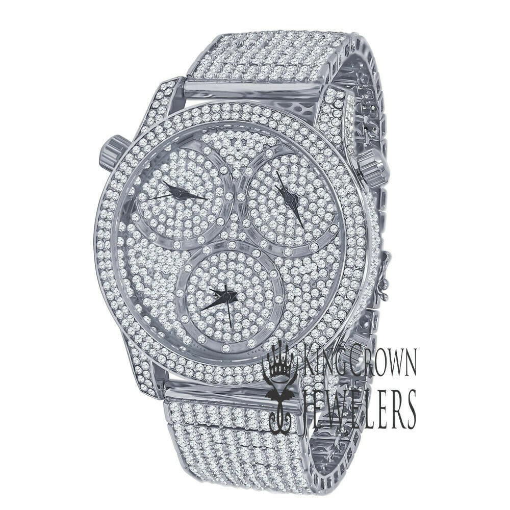 Mens White Gold Tone Full Iced Out Watch Simulated Diamonds 3 Time Zone Dial 10 Row Custom Band
