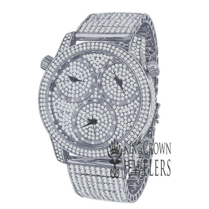 Mens White Gold Tone Full Iced Out Watch Simulated Diamonds 3 Time Zone Dial 10 Row Custom Band