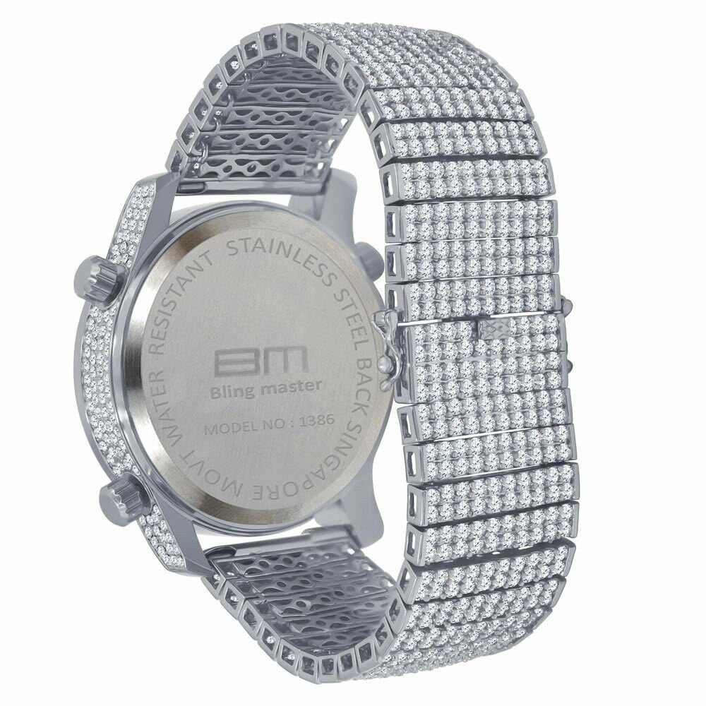 Mens White Gold Tone Full Iced Out Watch Simulated Diamonds 3 Time Zone Dial 10 Row Custom Band