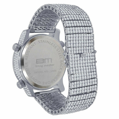 Mens White Gold Tone Full Iced Out Watch Simulated Diamonds 3 Time Zone Dial 10 Row Custom Band