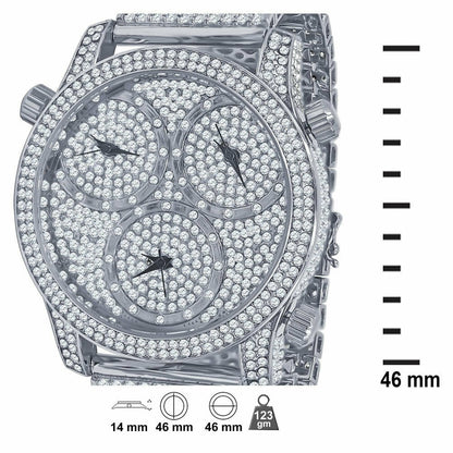 Mens White Gold Tone Full Iced Out Watch Simulated Diamonds 3 Time Zone Dial 10 Row Custom Band