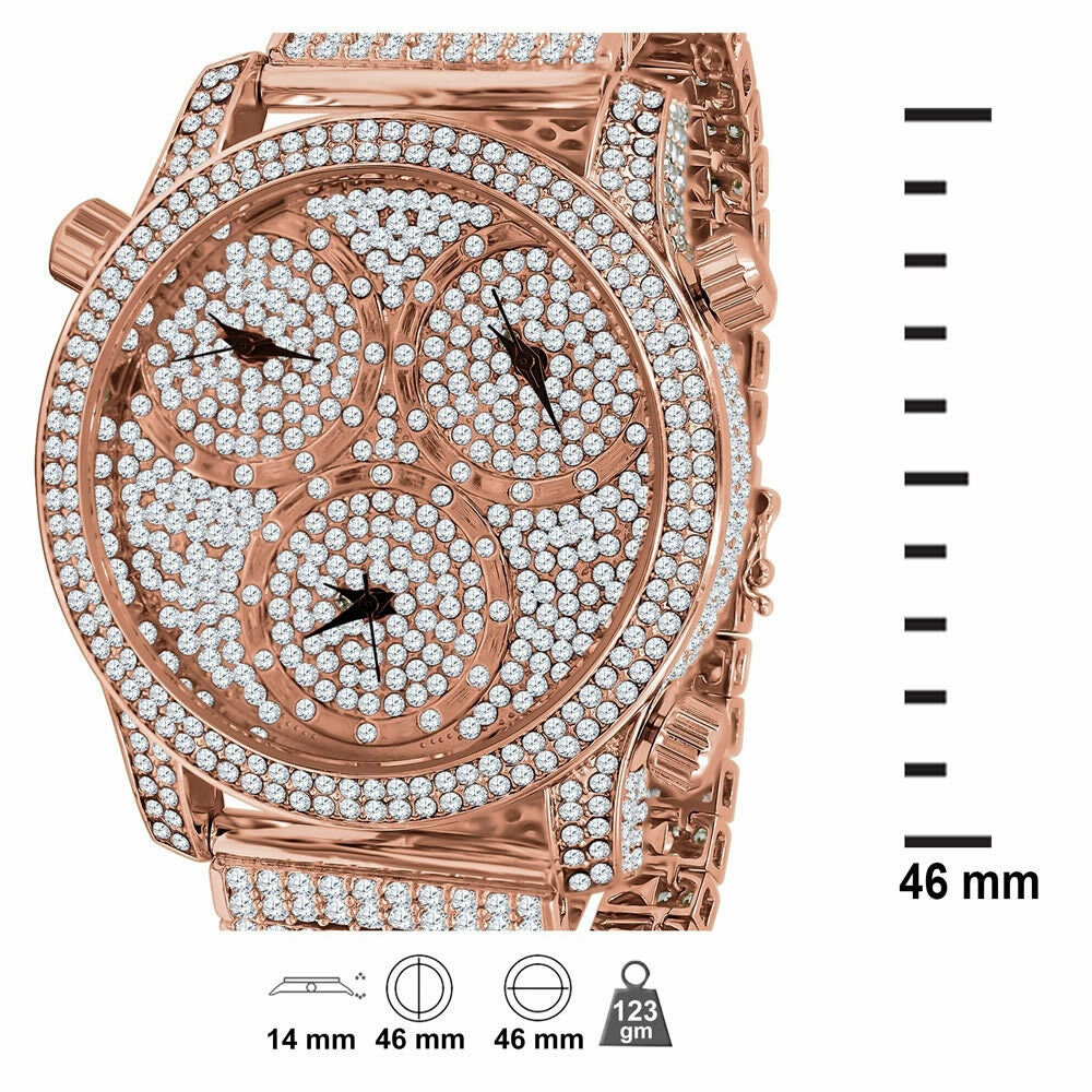 Mens Rose Gold Copper Tone Iced Out Watch Simulated Diamonds 3 Time Zone Dial 10 Row Custom Band