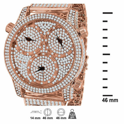 Mens Rose Gold Copper Tone Iced Out Watch Simulated Diamonds 3 Time Zone Dial 10 Row Custom Band