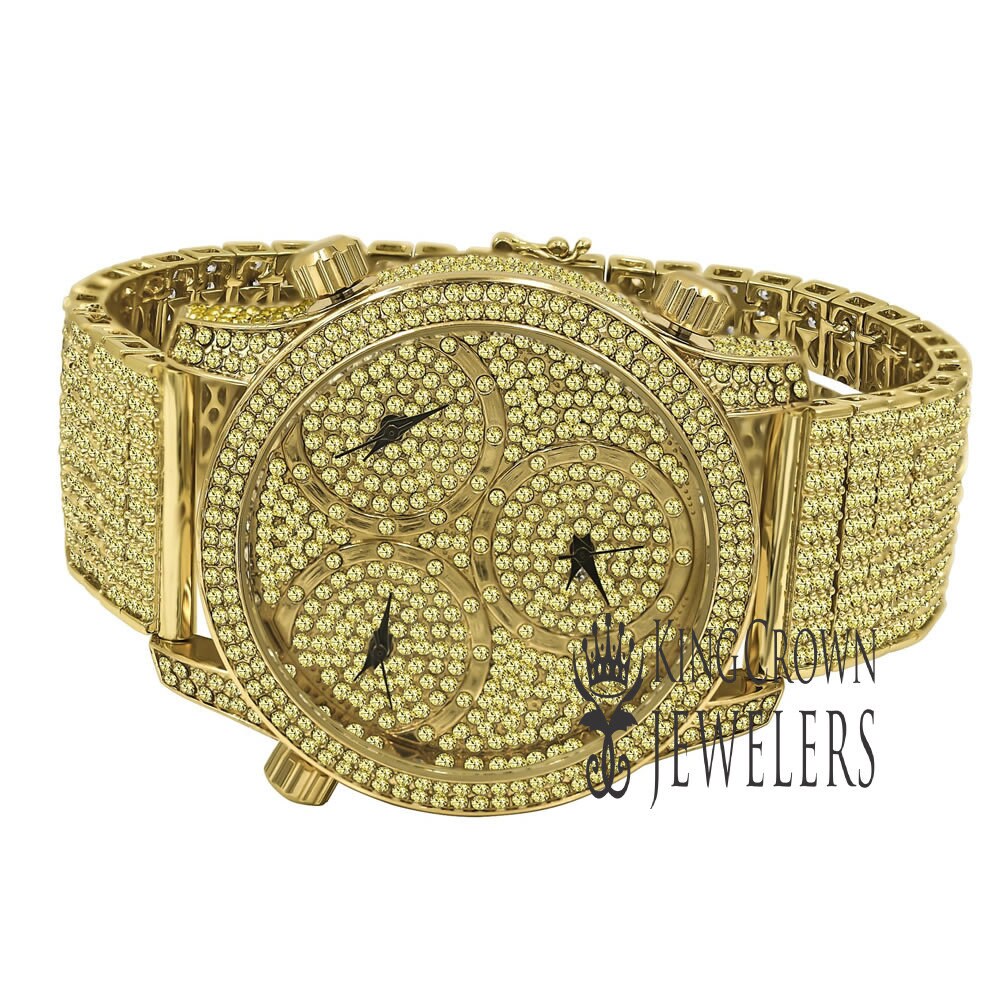 Canary Gold Iced Out Mens Watch Simulated Diamonds 3 Time Zone Dial 10 Row Custom Band