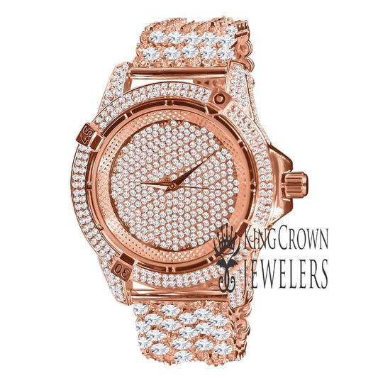Rose Gold Copper Tone Fully Iced Out Dial Custom Band Mens Bling Watch Simulated Diamond Joe Rodeo Jojo Jojino  Luxury Watch