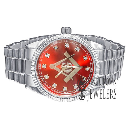 Ruby Red Dial Mens White Gold Finish Freemason Masonic G Compass Lab Diamond Metal Band Watch Water Resistant 40mm