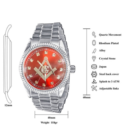 Ruby Red Dial Mens White Gold Finish Freemason Masonic G Compass Lab Diamond Metal Band Watch Water Resistant 40mm