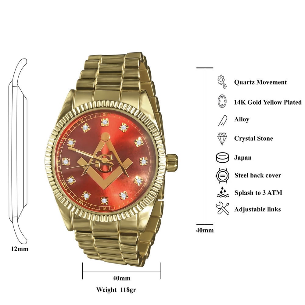 Yellow Gold Finish Ruby Red Dial Mens Freemason Masonic G Compass Lab Diamond Metal Band Watch Water Resistant 40mm