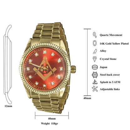 Yellow Gold Finish Ruby Red Dial Mens Freemason Masonic G Compass Lab Diamond Metal Band Watch Water Resistant 40mm