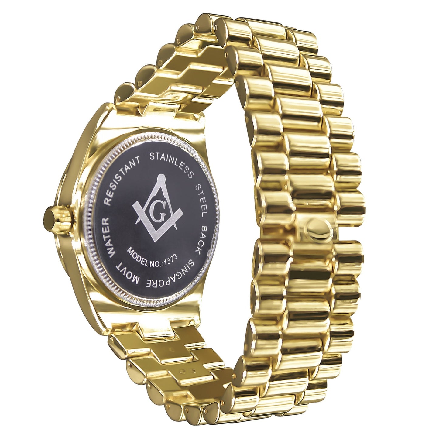 Yellow Gold Finish Ruby Red Dial Mens Freemason Masonic G Compass Lab Diamond Metal Band Watch Water Resistant 40mm