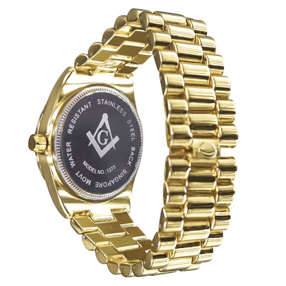 Yellow Gold Finish Ruby Red Dial Mens Freemason Masonic G Compass Lab Diamond Metal Band Watch Water Resistant 40mm