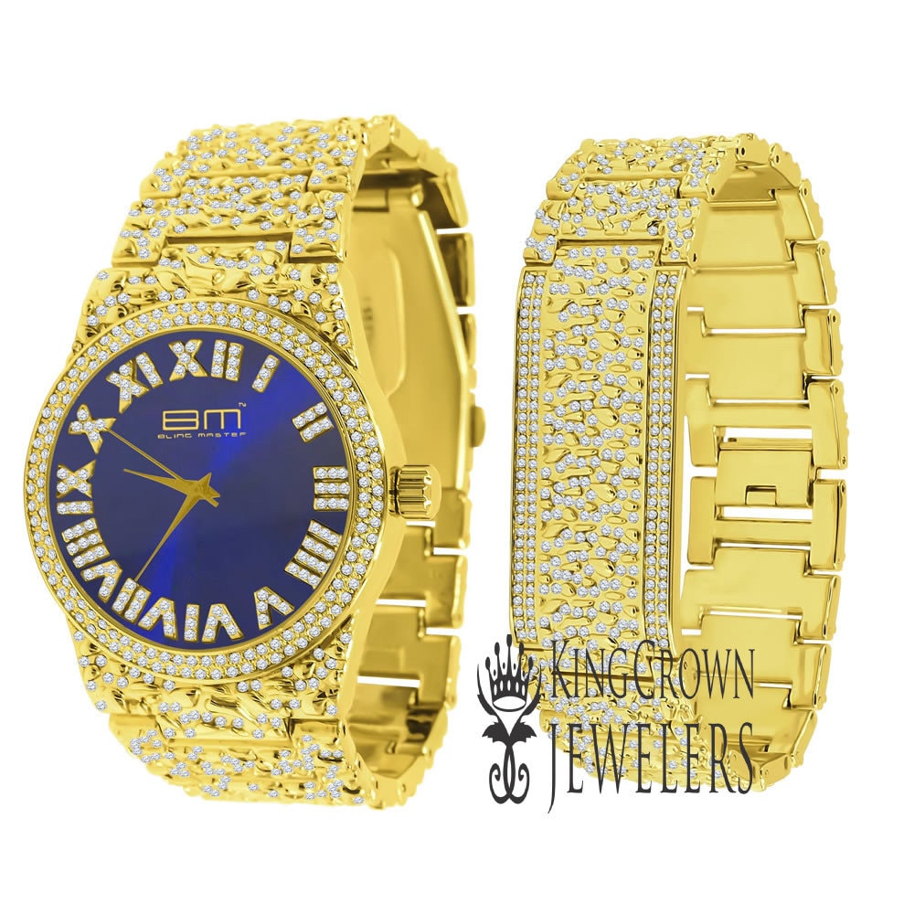 Blue Sapphire Dial Mens Custom Nugget Watch Bracelet Set Simulated Diamond Analog 43mm