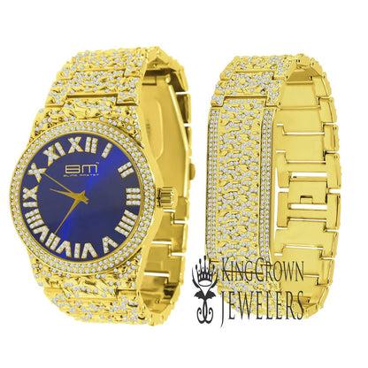 Blue Sapphire Dial Mens Custom Nugget Watch Bracelet Set Simulated Diamond Analog 43mm