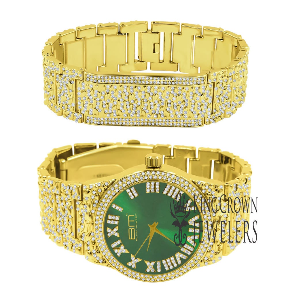 Emerald Green Dial Men Custom Nugget Watch Bracelet Set Simulated Diamond Analog 43mm