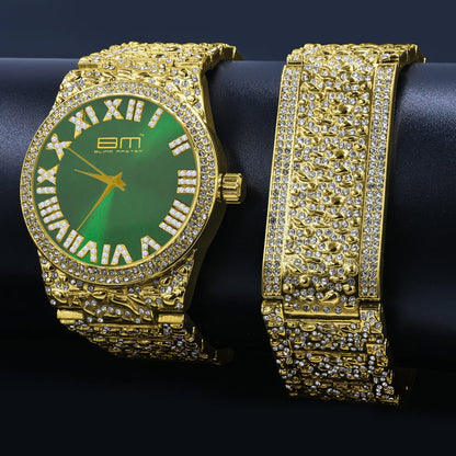 Emerald Green Dial Men Custom Nugget Watch Bracelet Set Simulated Diamond Analog 43mm