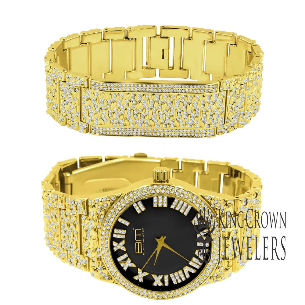 Black Onyx Dial Men Custom Nugget Watch Bracelet Set Simulated Diamond Analog 43mm